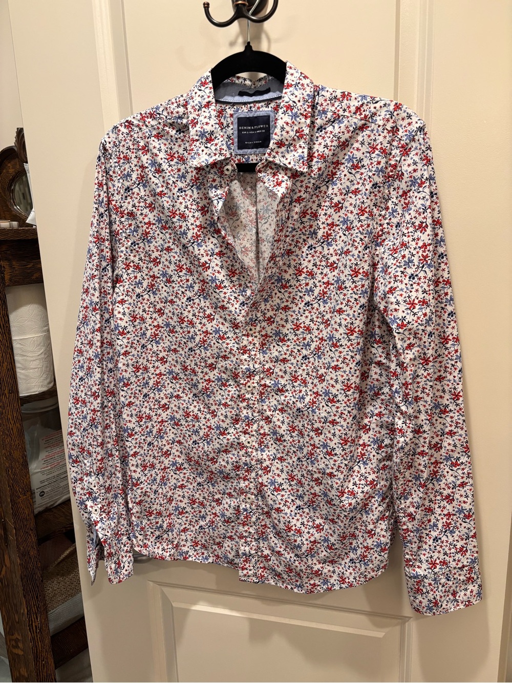 Denim & Flower Floral Lightweight Button Front Shirt, Red & Blue Print